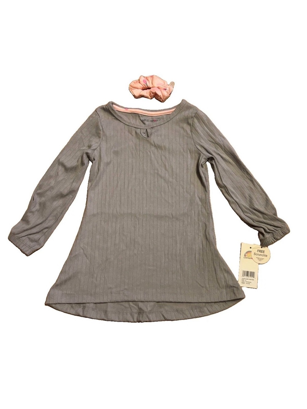 Love Republic Little Girls Long Sleeve Ribbed Tunic Top with Pink Scrunchie